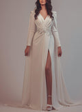 Sheath/Column V-Neck Long Sleeves Chiffon Wedding Dresses With Sequins