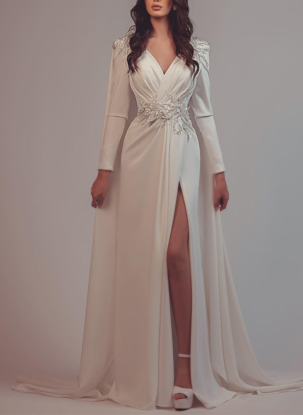 Sheath/Column V-Neck Long Sleeves Chiffon Wedding Dresses With Sequins