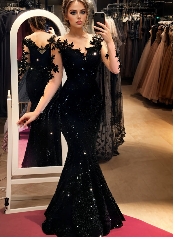 Trumpet/Mermaid Illusion Neck Long Sleeves Sweep Train Velvet Sequin Prom Dresses With Appliques Lace