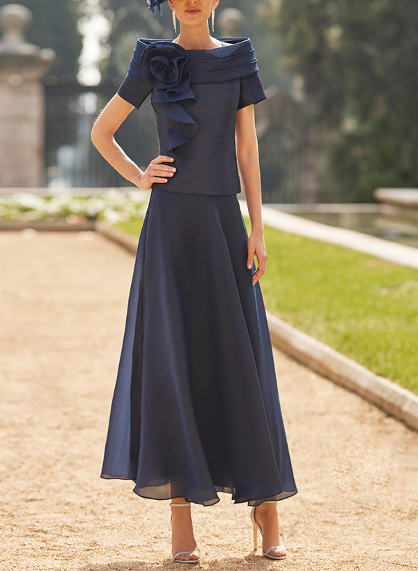 A-Line Short Sleeves Ankle-Length Chiffon Cocktail Dresses With Flower(s)