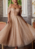 A-Line Off-The-Shoulder Sleeveless Tea-Length Sequined Cocktail Dresses