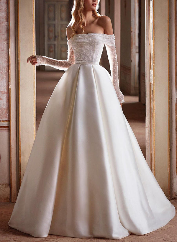 A-Line Off-The-Shoulder Long Sleeves Sequined Wedding Dresses With Pockets