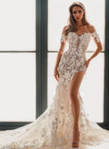 Sheath Sweetheart Short Sleeves Court Train Lace Wedding Dresses With Appliques Lace