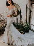 Luxury Trumpet Lace Applique Illusion Neck Long Sleeves Bare Back Wedding Dresses