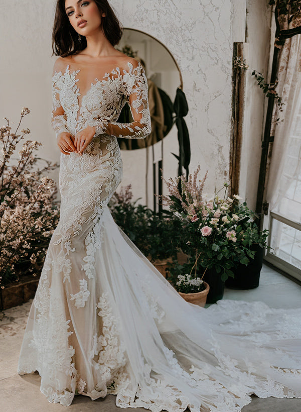Luxury Trumpet Lace Applique Illusion Neck Long Sleeves Bare Back Wedding Dresses