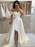Off-The-Shoulder Sleeveless Sweep Train Satin Wedding Dresses