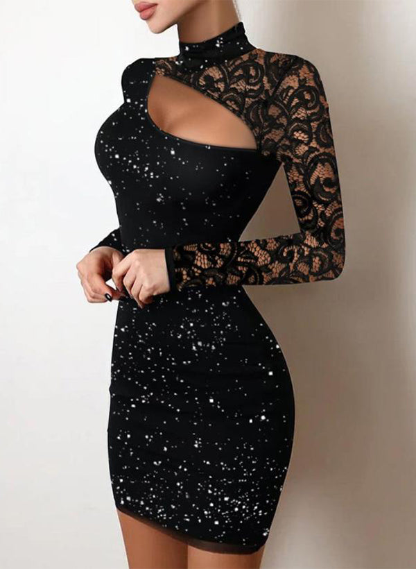 Sheath/Column High Neck Long Sleeves Short/Mini Sequined Cocktail Dresses