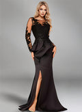 Mermaid Illusion Neck Long Sleeves Sweep Train Satin Evening Dresses With Appliques Lace