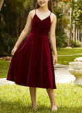A-Line V-Neck Sleeveless Tea-Length Velvet Junior Bridesmaid Dresses
