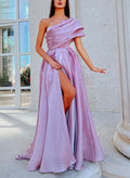 A-Line One-Shoulder Sleeveless Sweep Train Tulle Prom Dresses With High Split