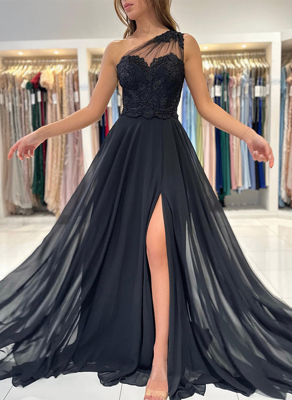 A-Line One-Shoulder Sleeveless Sweep Train Prom Dresses With Appliques Lace