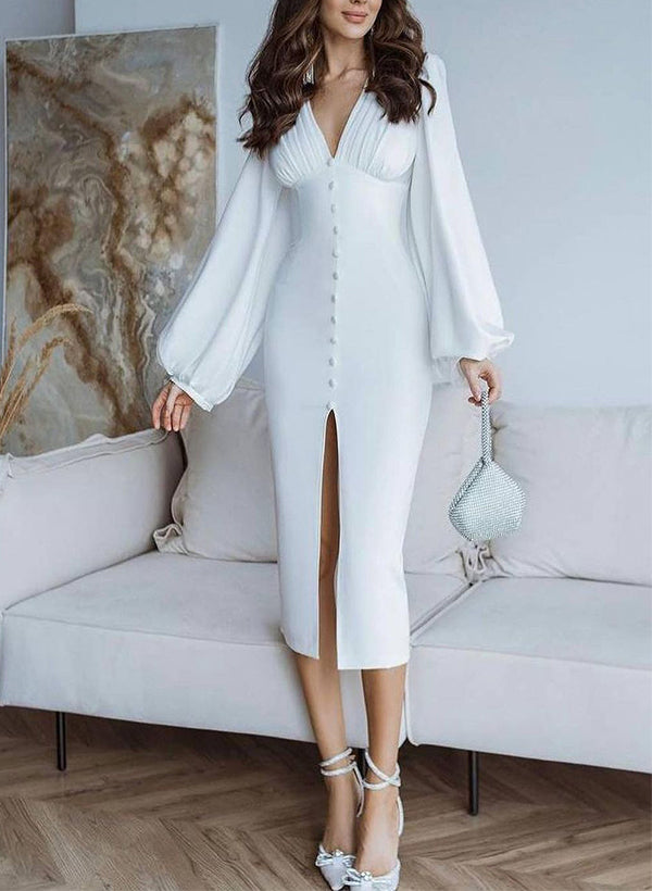 Sheath/Column V-Neck Long Sleeves Elastic Satin Cocktail Dresses With Split Front
