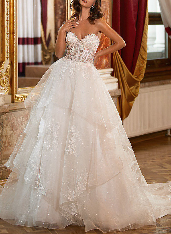 Ball-Gown Sweetheart Sleeveless Tulle Wedding Dresses With Appliques Lace