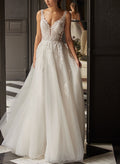 A-Line V-Neck Sleeveless Sweep Train Tulle Wedding Dresses With Appliques Lace