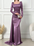 Sheath/Column Square Neckline Long Sleeves Silk Like Satin Evening Dresses