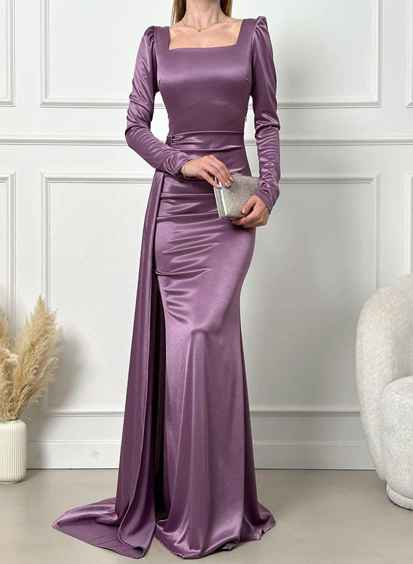 Sheath/Column Square Neckline Long Sleeves Silk Like Satin Evening Dresses