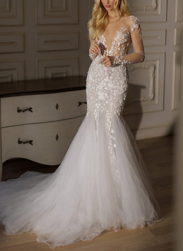 Trumpet/Mermaid Long Sleeves Sweep Train Lace/Tulle Wedding Dresses