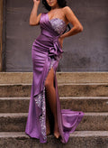 Sheath/Column One-Shoulder Sleeveless Charmeuse Bridesmaid Dresses With Split Front