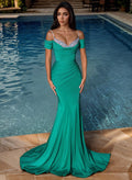 Emerald Green Sparkly Long Mermaid Prom Dresses With Silk Like Satin