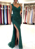 Sheath/Column V-Neck Sleeveless Sequined Prom Dresses With Split Front