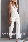 V Neck Waisted Wide Leg Cami Lace Jumpsuit
