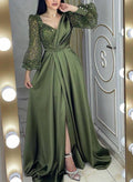 A-Line Long Sleeves Sweep Train Sequined Evening Dresses With Split Front