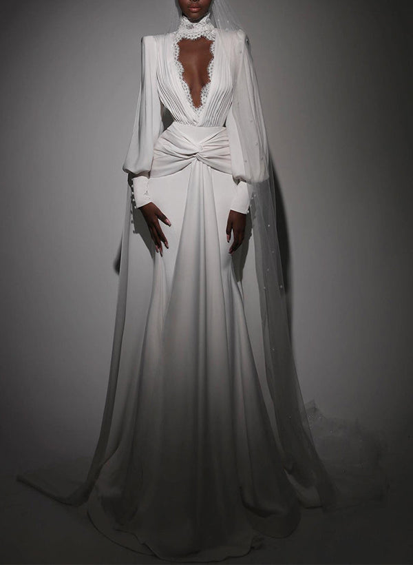 A-Line Halter Long Sleeves Sweep Train Wedding Dresses With Lace