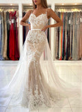 Sheath/Column Sweetheart Sleeveless Sweep Train Lace Wedding Dresses With Sequins