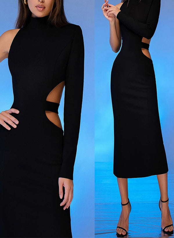 Sheath/Column High Neck Long Sleeves Elastic Satin Cocktail Dresses