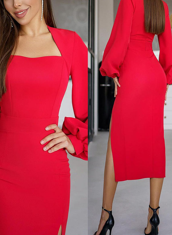 Sheath/Column Long Sleeves Elastic Satin Cocktail Dresses With Split Front