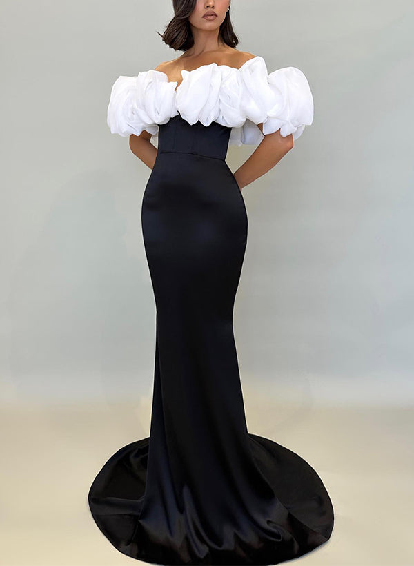 Off-The-Shoulder Sleeveless Sweep Train Satin Prom Dresses