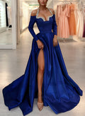 A-Line Halter Long Sleeves Floor-Length Satin Prom Dresses With Rhinestone
