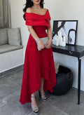 A-Line Off-The-Shoulder Sleeveless Asymmetrical Matte Satin(Non-Stretch) Evening Dresses