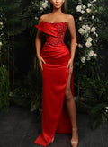 Strapless Sparkly Sheath/Column High Slit Prom Dresses