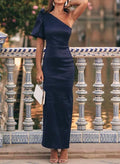 Sheath/Column One-Shoulder Short Sleeves Silk Like Satin Cocktail Dresses