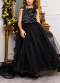A-Line Scoop Neck Sleeveless Sweep Train Lace/Satin Flower Girl Dresses With Bow(s)