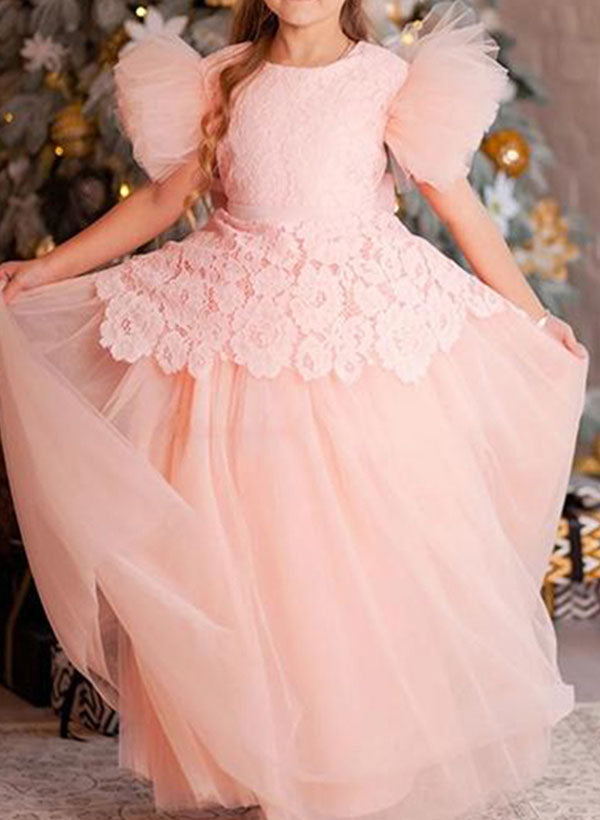 A-Line Scoop Neck Short Sleeves Floor-Length Lace/Tulle Flower Girl Dresses With Bow(s)