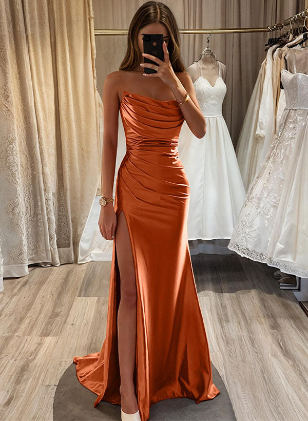 Sheath/Column Cowl Neck Sleeveless Silk Like Satin Prom Dresses With Split Front