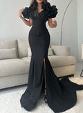 Trumpet/Mermaid V-Neck Short Sleeves Elastic Satin Prom Dresses With Split Front