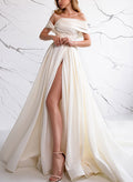 A-Line Off-The-Shoulder Sleeveless Satin Wedding Dresses With Split Front