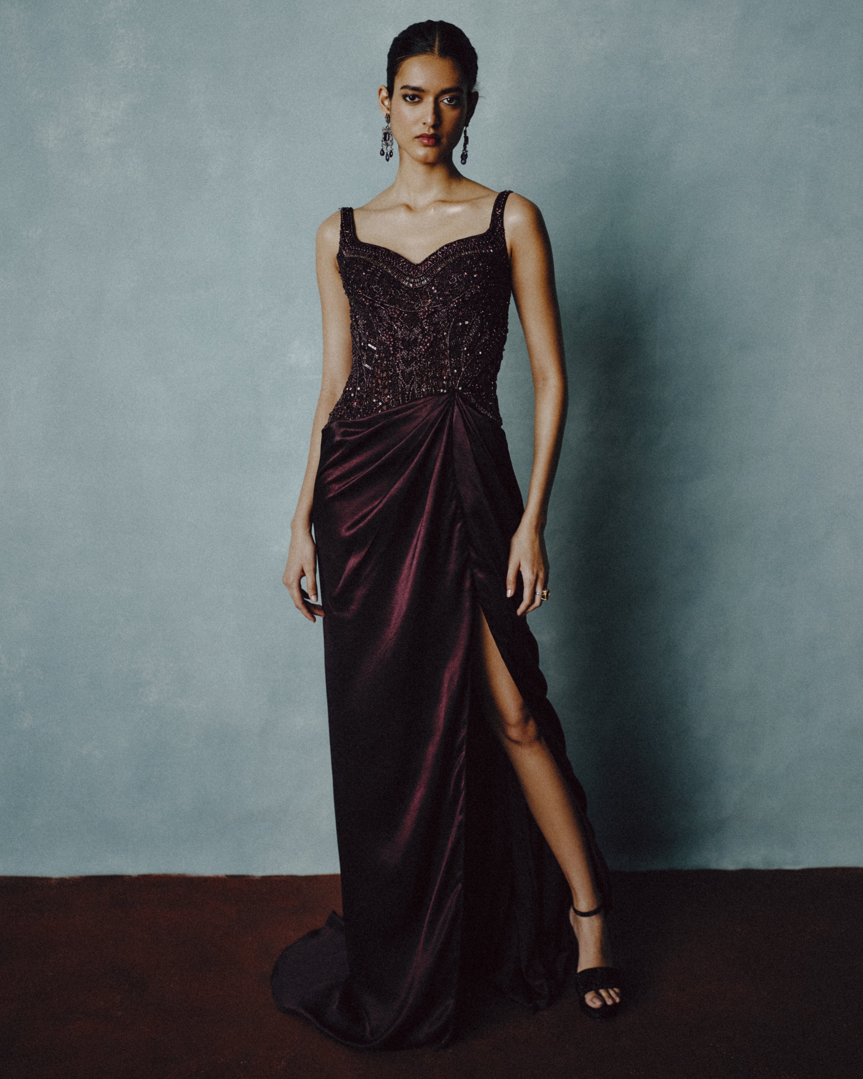 Aubergine Ember Drape Gown By KYNAH, Luxury Indian Fashion & Bridal Wear