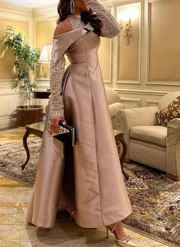 A-Line Halter Long Sleeves Floor-Length Sequined Evening Dresses