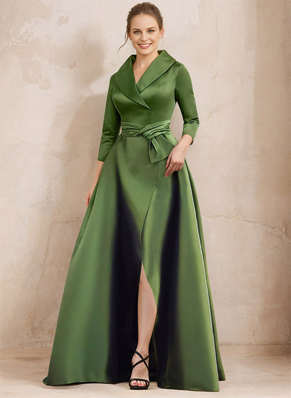 A-Line V-Neck 3/4 Sleeves Satin Mother Of The Bride Dresses With Split Front