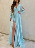 Sheath/Column V-Neck Long Sleeves Chiffon Evening Dresses With Split Front