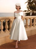 Minimalistic Ruched Off-The-Shoulder White Wedding Dress With Pockets