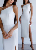 Sheath/Column Sleeveless Tea-Length Elastic Satin Cocktail Dresses With Split Front
