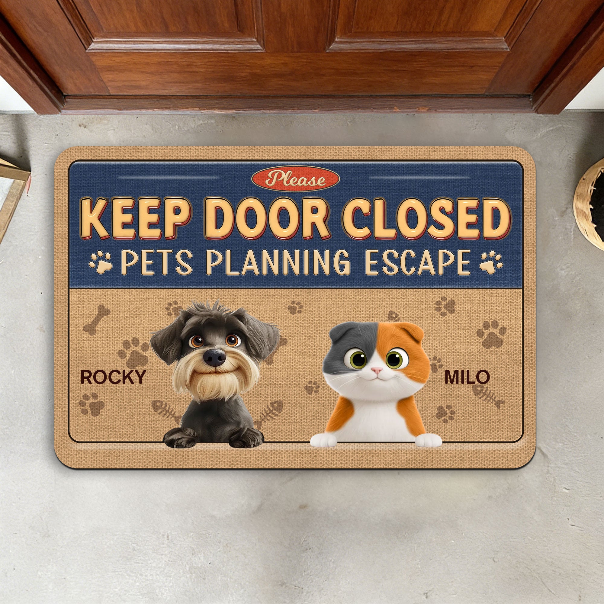 Felpudo antideslizante personalizado con 1-3 nombres de mascotas de dibujos animados en 3D para mantener la puerta cerrada Regalo de cumpleaños para dueños de perros y gatos