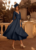 A-Line V-Neck 3/4 Sleeves Tea-Length Matte Satin Mother Of The Bride Dresses