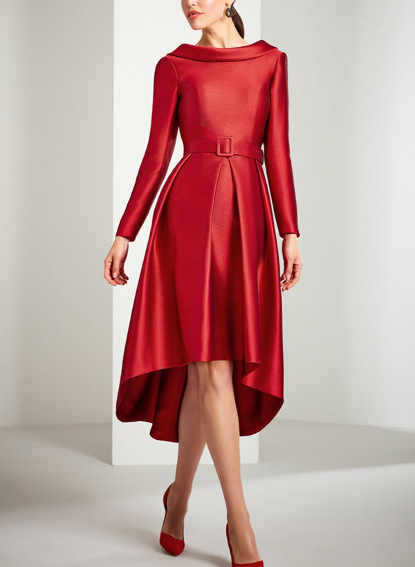 A-Line Scoop Neck Long Sleeves Asymmetrical Matte Satin Cocktail Dresses