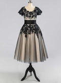 A-Line Illusion Neck Short Sleeves Lace Cocktail Dresses With Appliques Lace
